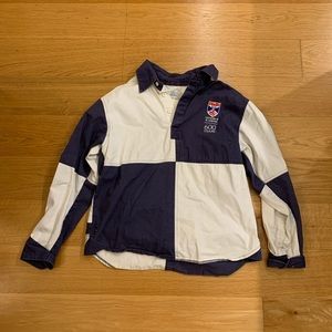 Blue and white rugby shirt purchased at St Andrew’s University store